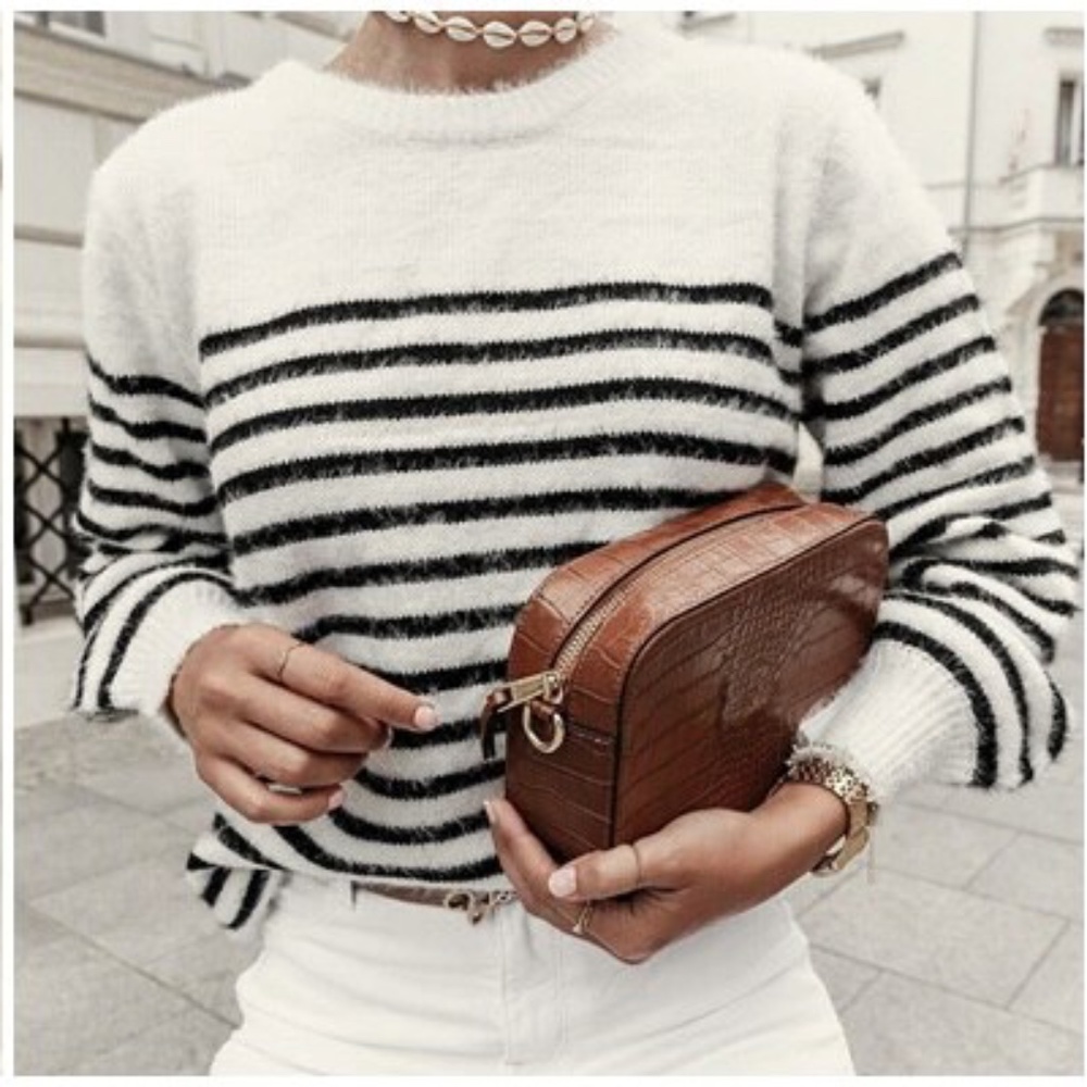 Open Back Fuzzy Striped White & Black Sweater - Picture 2 of 15